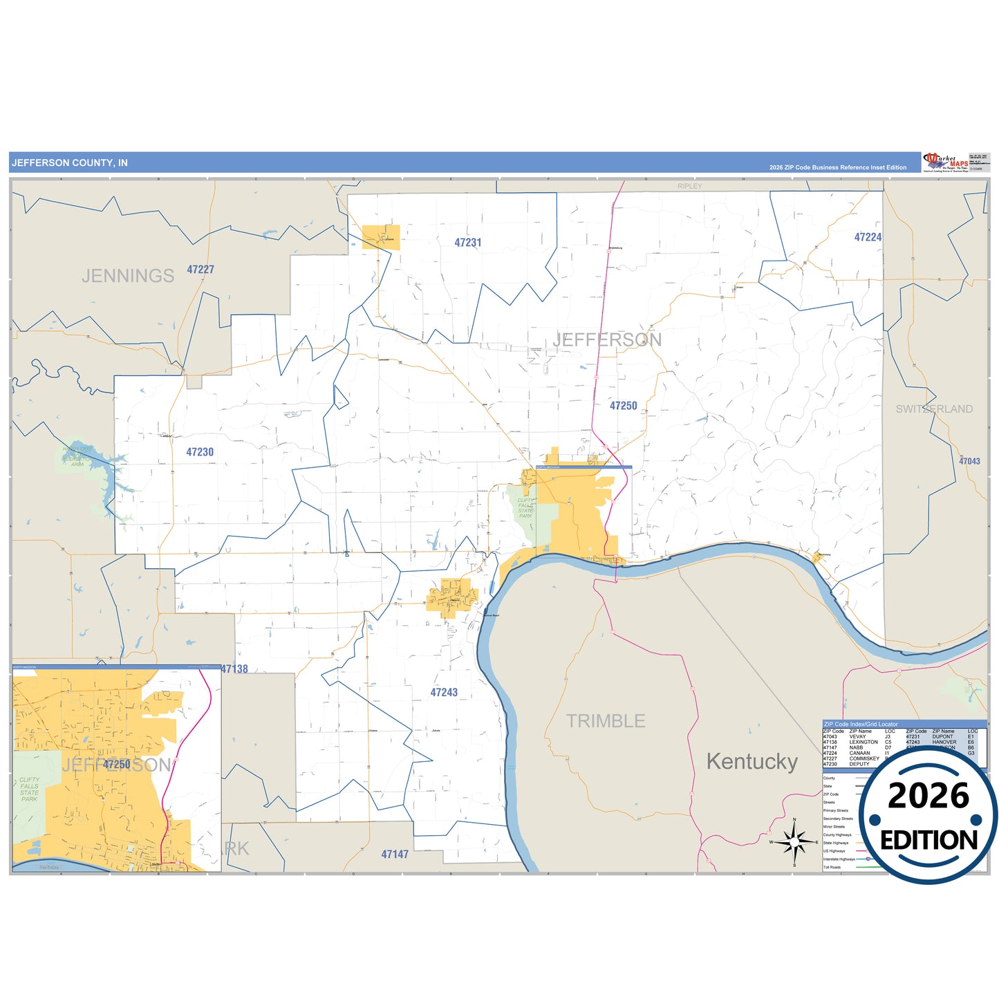 Jefferson County, IN Business Reference 5 Digit ZIP Code Wall Map