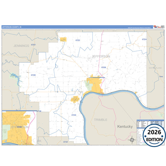 Jefferson County, IN Business Reference 5 Digit ZIP Code Wall Map