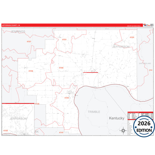 Jefferson County, IN Red Line 5 Digit ZIP Code Wall Map