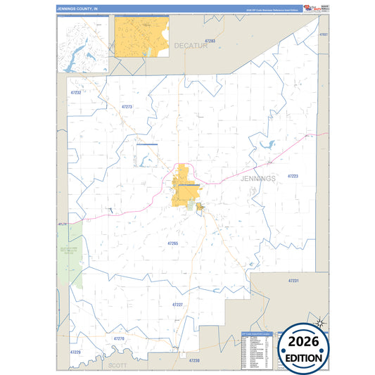 Jennings County, IN Business Reference 5 Digit ZIP Code Wall Map