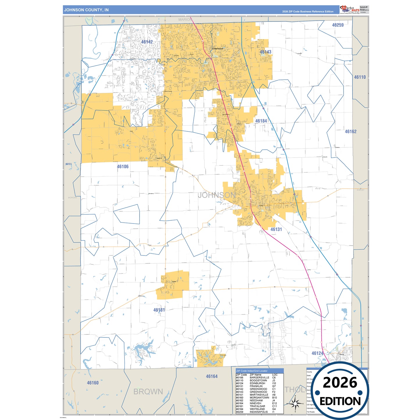 Johnson County, IN Business Reference 5 Digit ZIP Code Wall Map