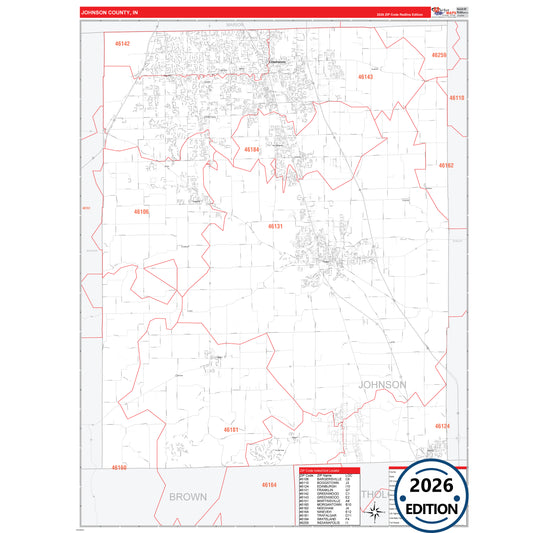 Johnson County, IN Red Line 5 Digit ZIP Code Wall Map