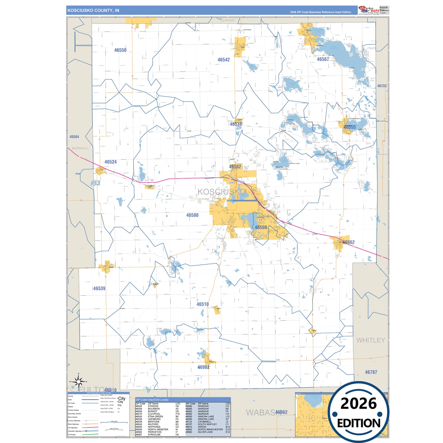 Kosciusko County, IN Business Reference 5 Digit ZIP Code Wall Map
