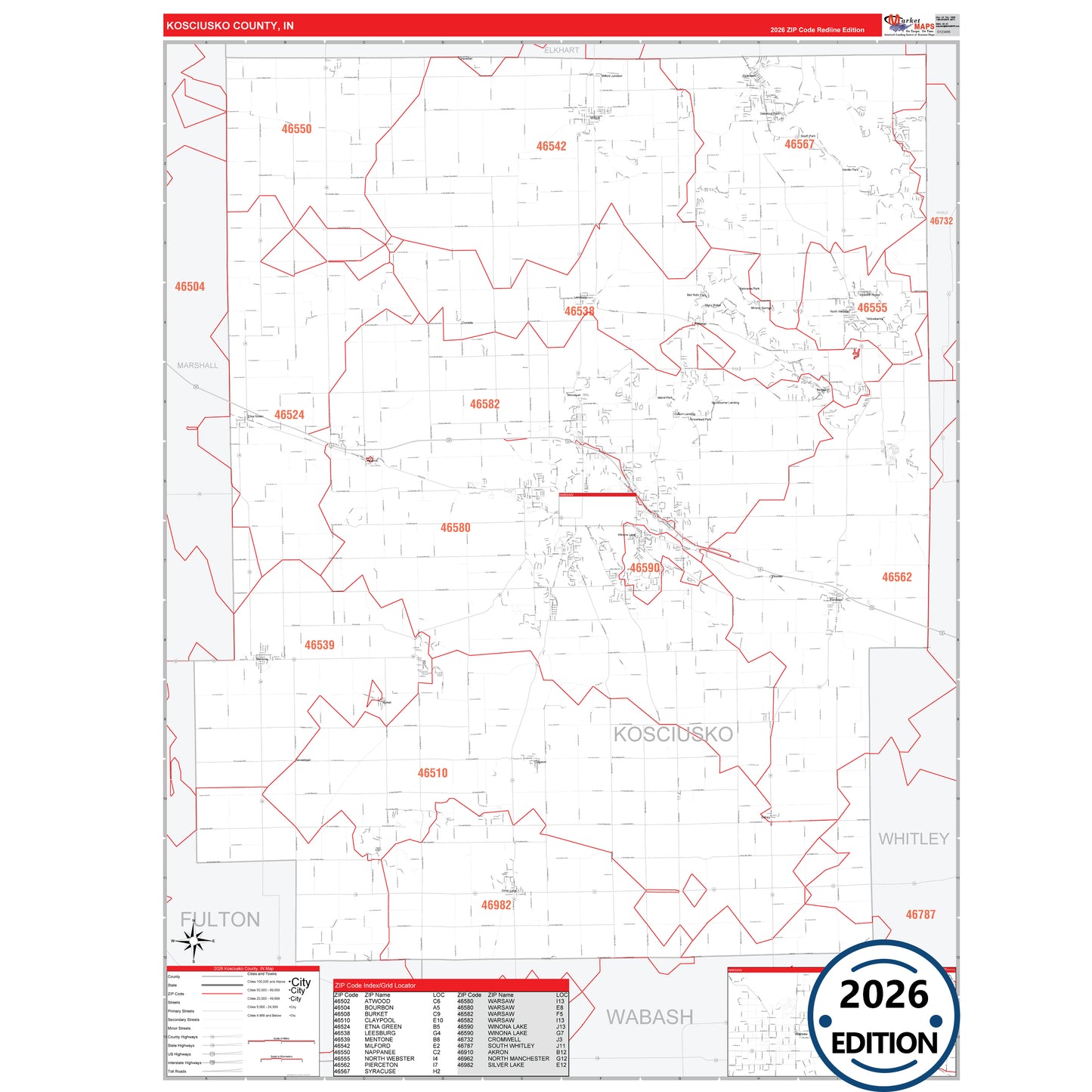 Kosciusko County, IN Red Line 5 Digit ZIP Code Wall Map