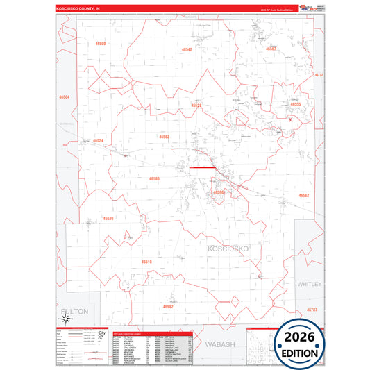 Kosciusko County, IN Red Line 5 Digit ZIP Code Wall Map