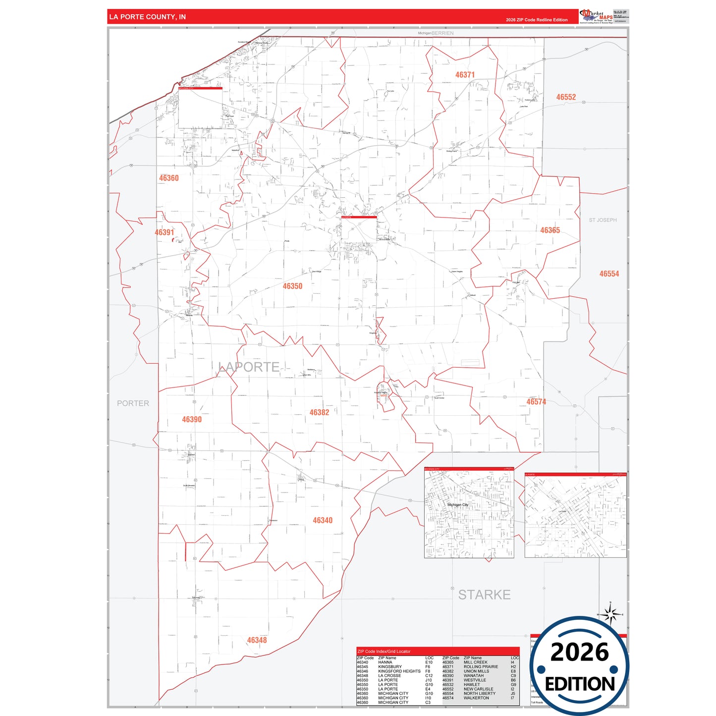 Lake County, IN Red Line 5 Digit ZIP Code Wall Map
