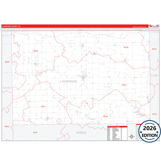 La Porte County, IN Red Line 5 Digit ZIP Code Wall Map