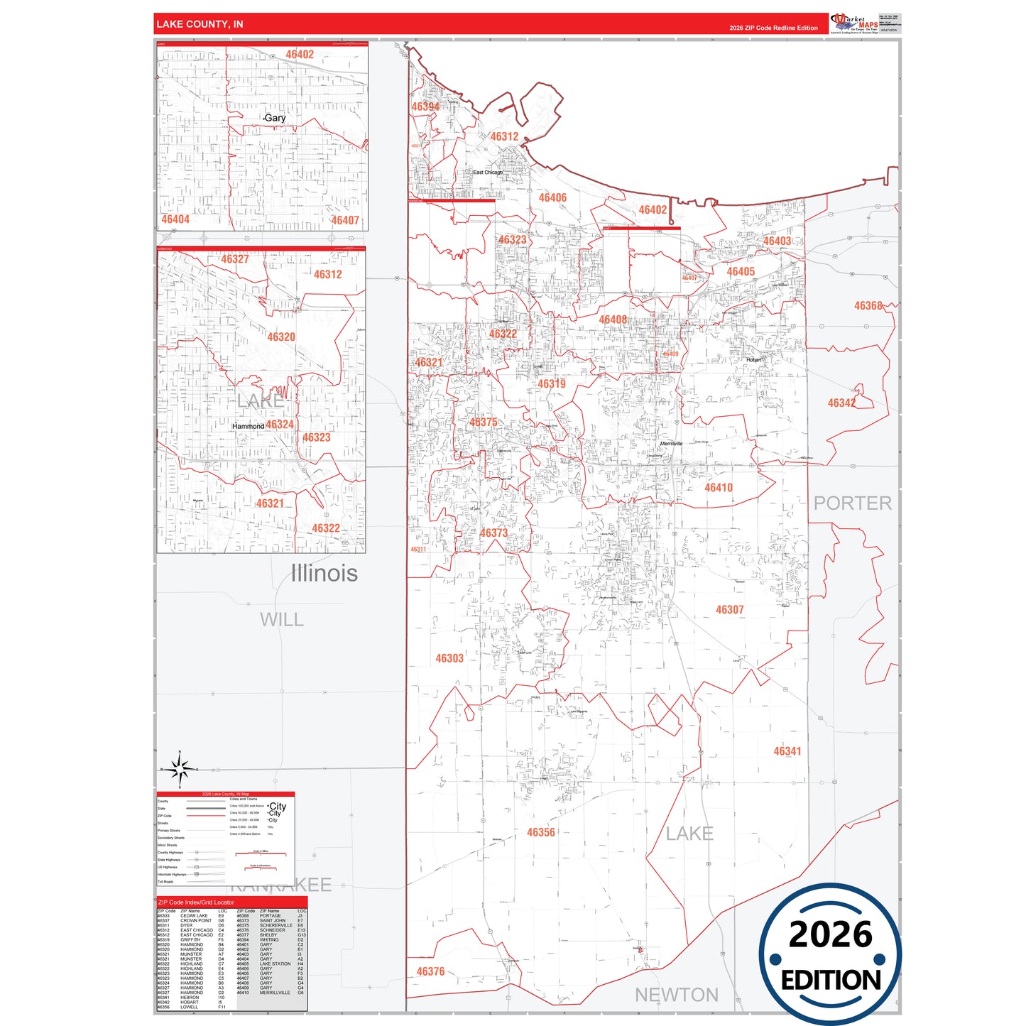 Lagrange County, IN Red Line 5 Digit ZIP Code Wall Map