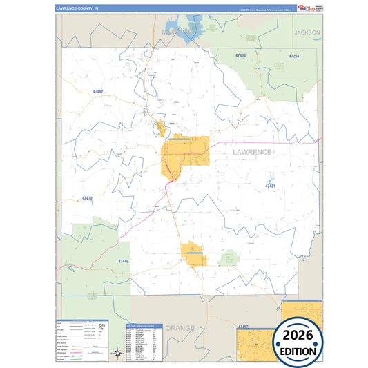 Lawrence County, IN Business Reference 5 Digit ZIP Code Wall Map