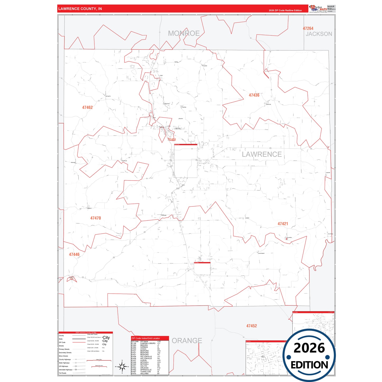 Lawrence County, IN Red Line 5 Digit ZIP Code Wall Map