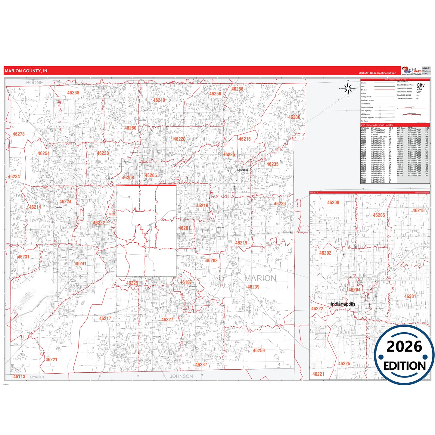 Marion County, IN Red Line 5 Digit ZIP Code Wall Map