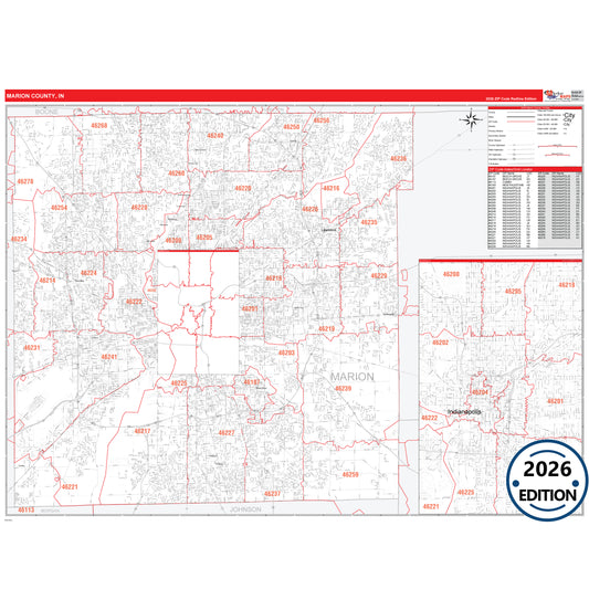 Marion County, IN Red Line 5 Digit ZIP Code Wall Map