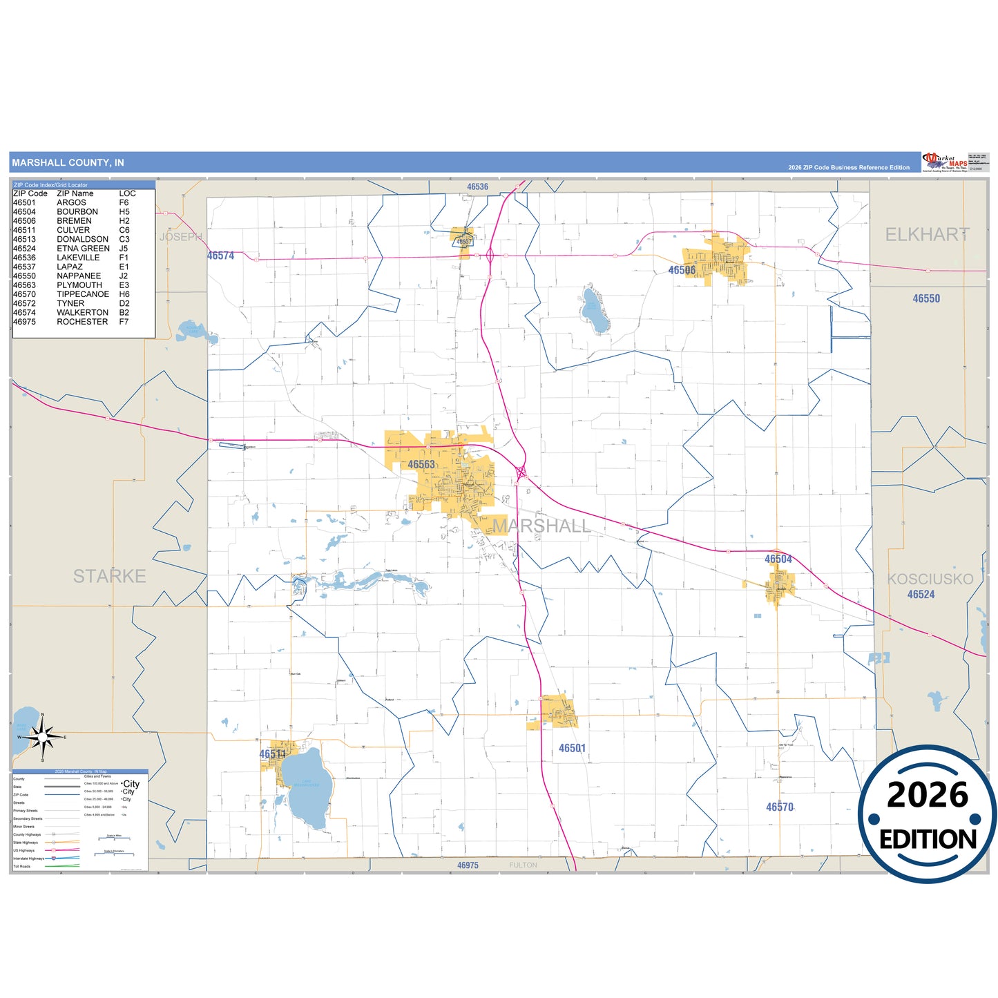 Marshall County, IN Business Reference 5 Digit ZIP Code Wall Map