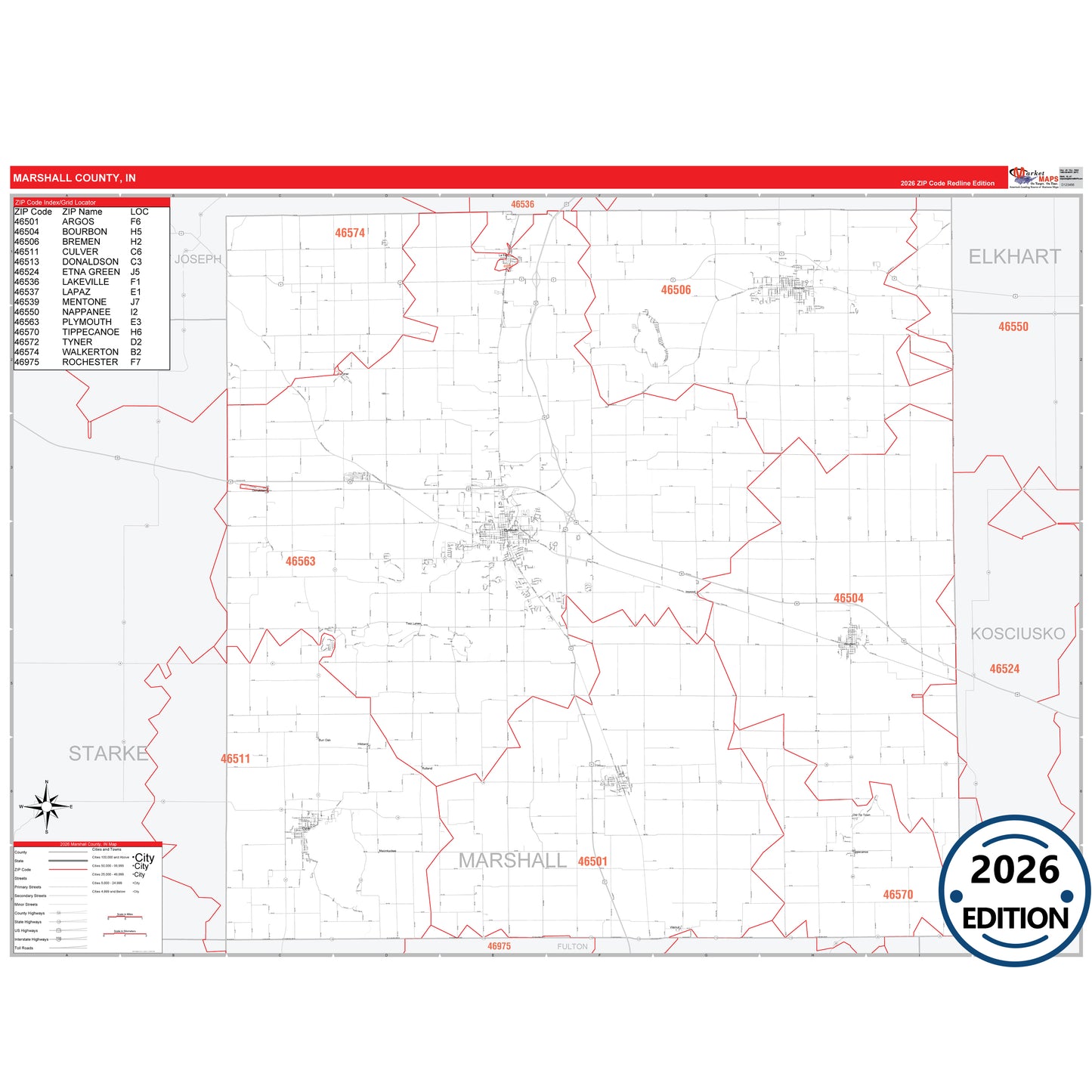 Marshall County, IN Red Line 5 Digit ZIP Code Wall Map