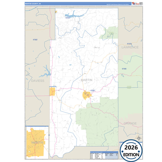Martin County, IN Business Reference 5 Digit ZIP Code Wall Map