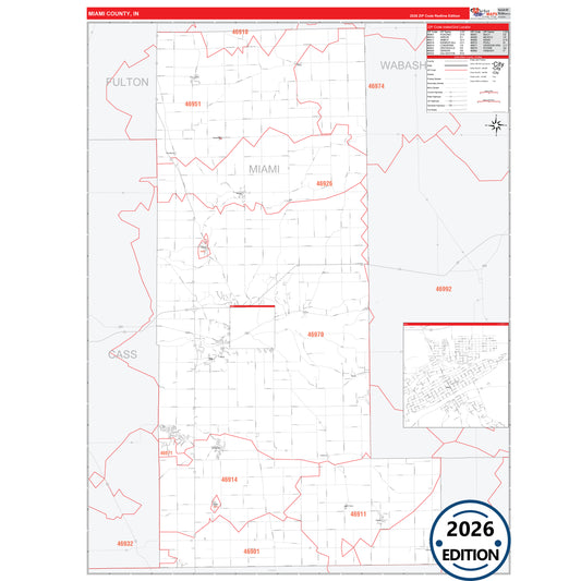 Miami County, IN Red Line 5 Digit ZIP Code Wall Map