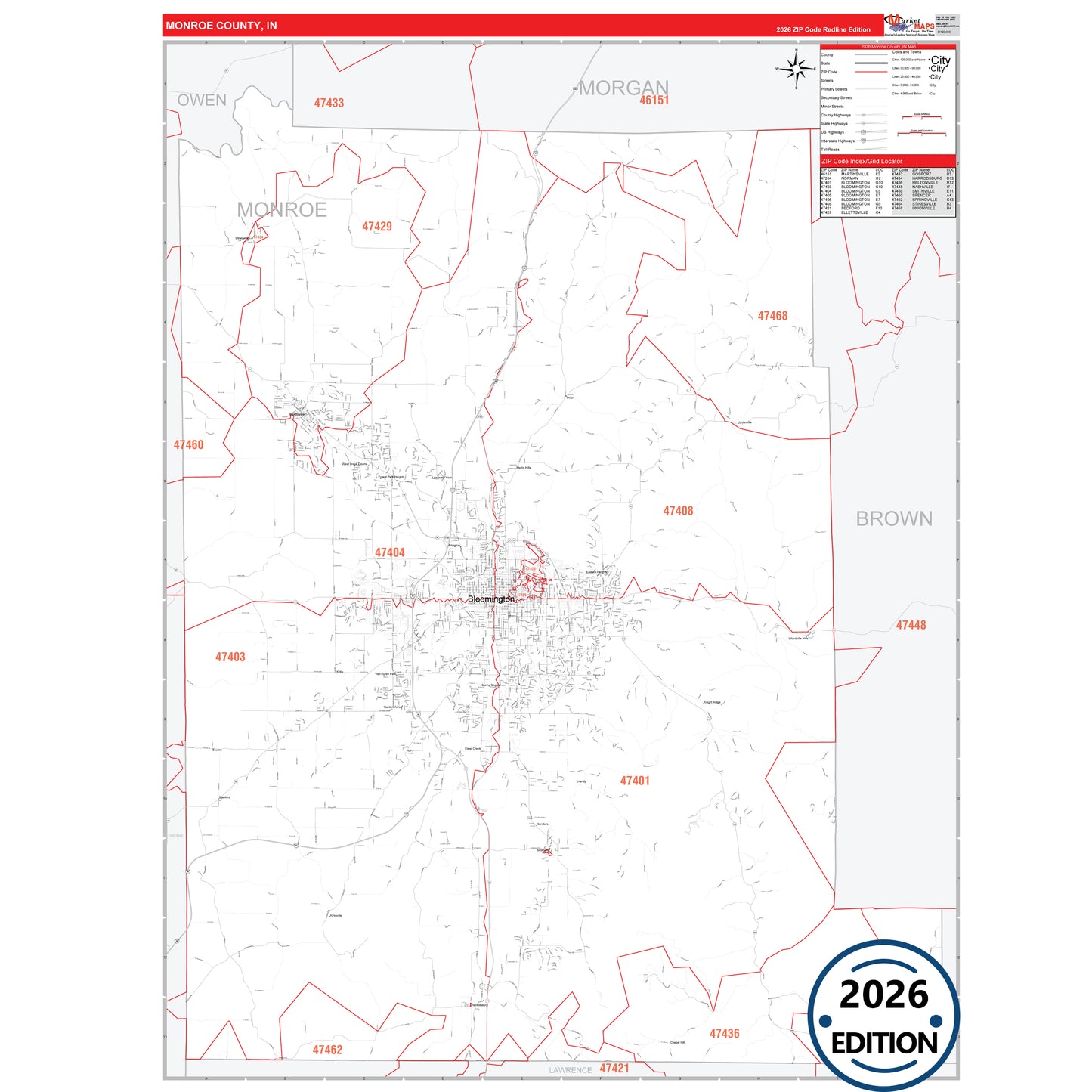 Monroe County, IN Red Line 5 Digit ZIP Code Wall Map