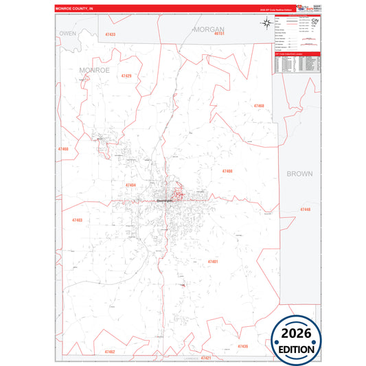 Monroe County, IN Red Line 5 Digit ZIP Code Wall Map