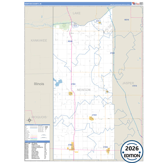 Newton County, IN Business Reference 5 Digit ZIP Code Wall Map