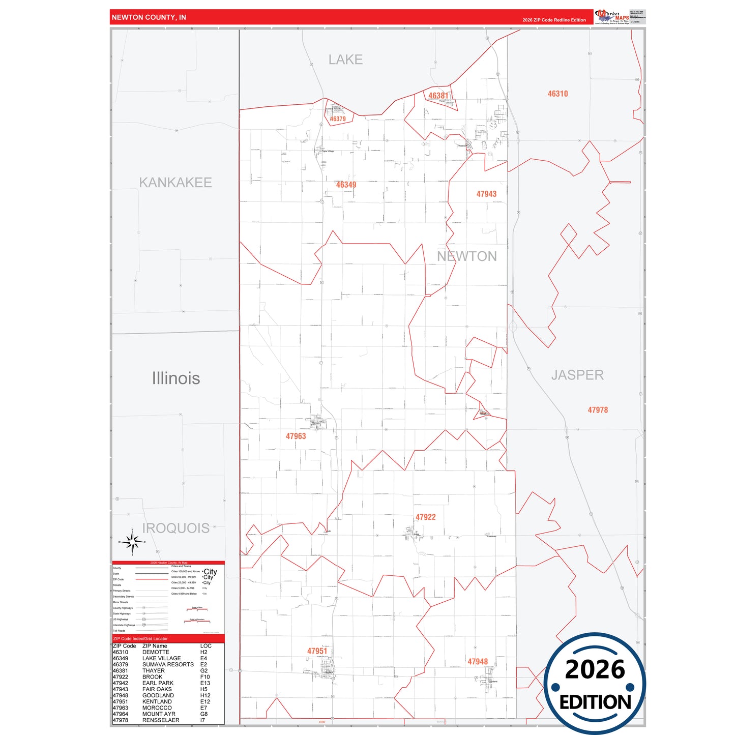 Newton County, IN Red Line 5 Digit ZIP Code Wall Map