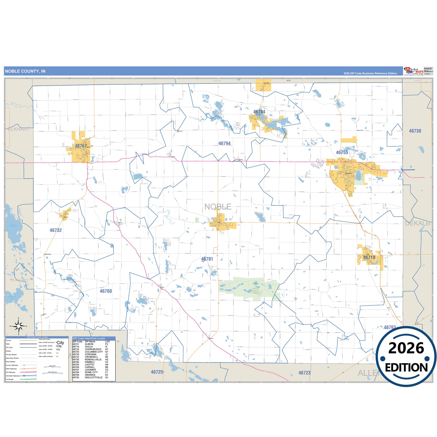 Noble County, IN Business Reference 5 Digit ZIP Code Wall Map