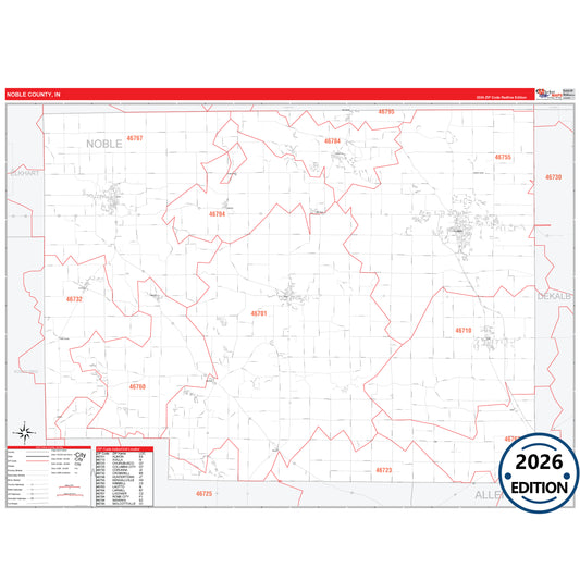 Noble County, IN Red Line 5 Digit ZIP Code Wall Map