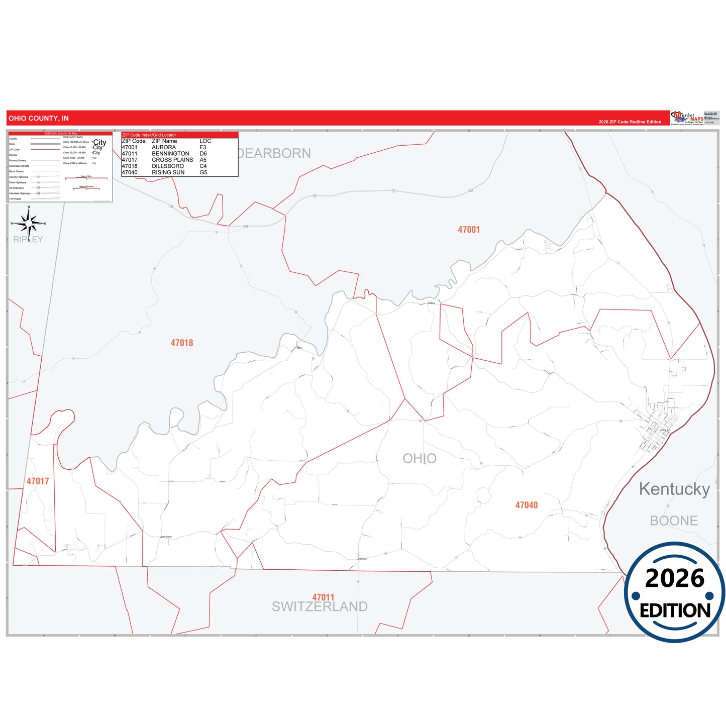 Ohio County, IN Red Line 5 Digit ZIP Code Wall Map