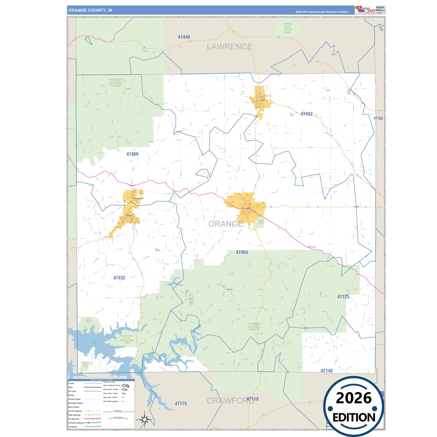 Orange County, IN Business Reference 5 Digit ZIP Code Wall Map