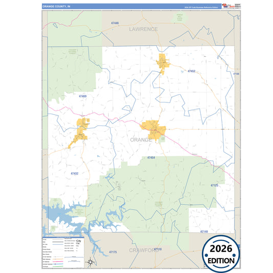 Orange County, IN Business Reference 5 Digit ZIP Code Wall Map