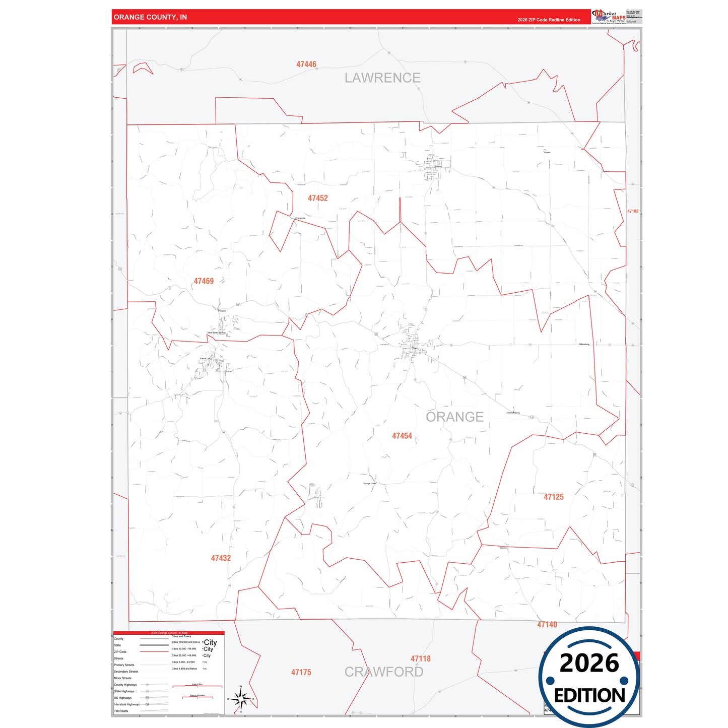 Orange County, IN Red Line 5 Digit ZIP Code Wall Map