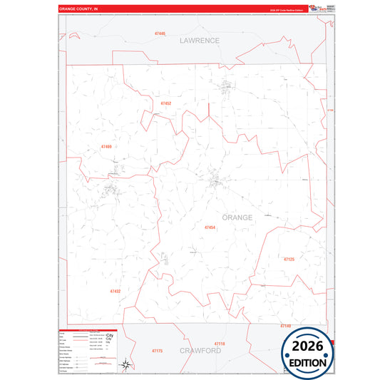 Orange County, IN Red Line 5 Digit ZIP Code Wall Map