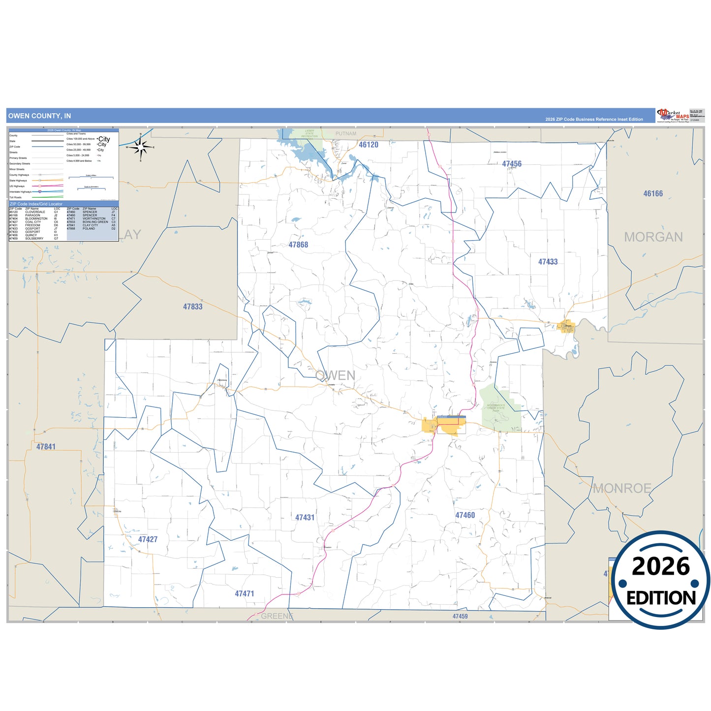 Owen County, IN Business Reference 5 Digit ZIP Code Wall Map