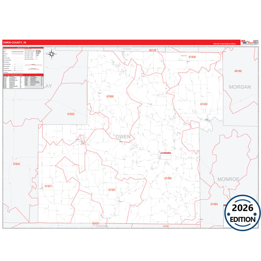 Owen County, IN Red Line 5 Digit ZIP Code Wall Map