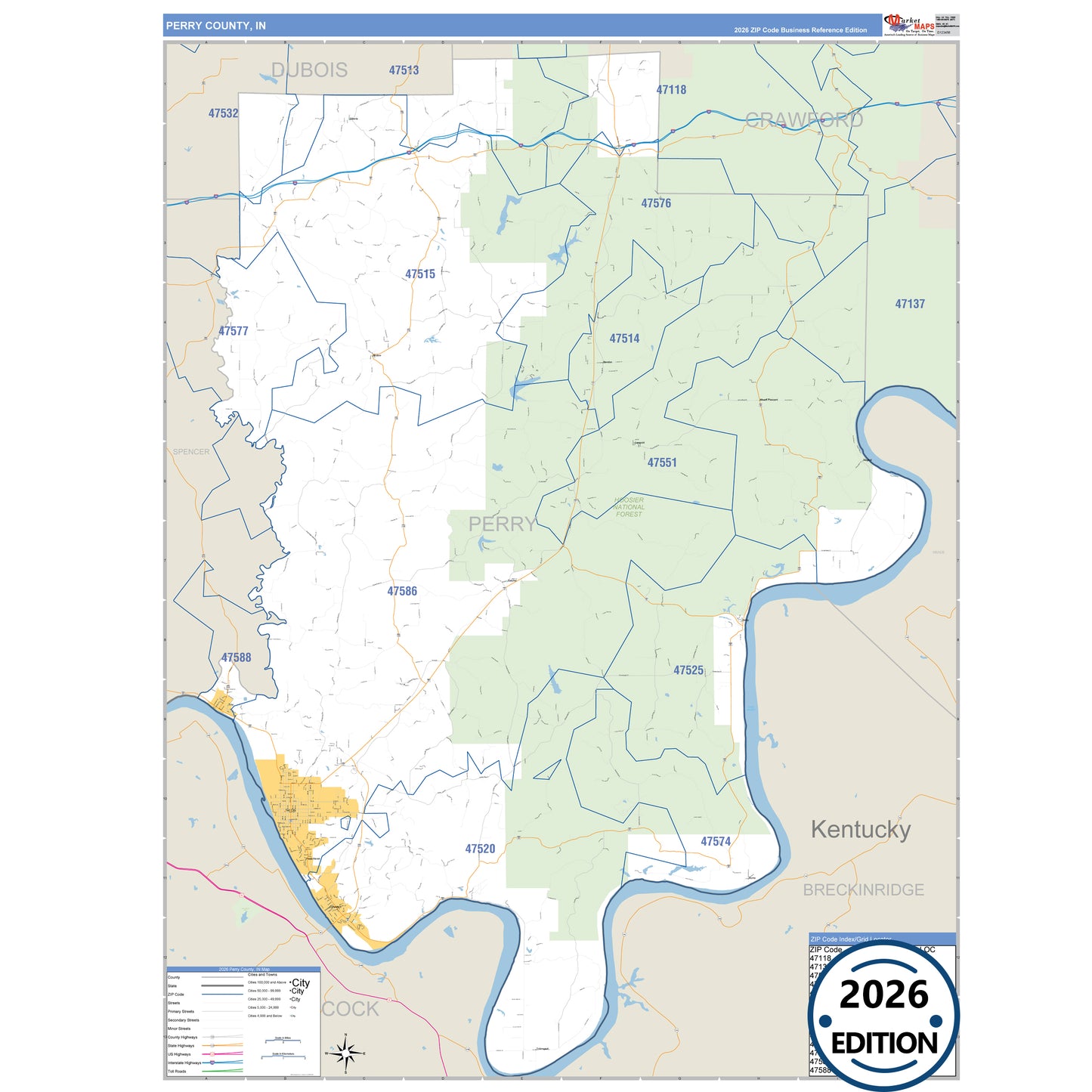 Perry County, IN Business Reference 5 Digit ZIP Code Wall Map