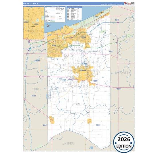 Porter County, IN Business Reference 5 Digit ZIP Code Wall Map