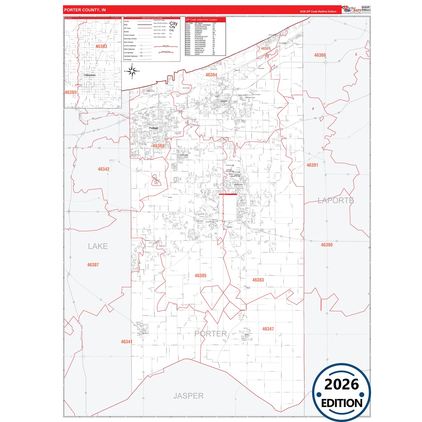 Porter County, IN Red Line 5 Digit ZIP Code Wall Map