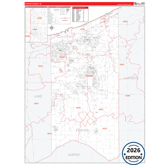 Porter County, IN Red Line 5 Digit ZIP Code Wall Map