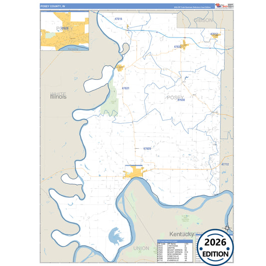 Posey County, IN Business Reference 5 Digit ZIP Code Wall Map