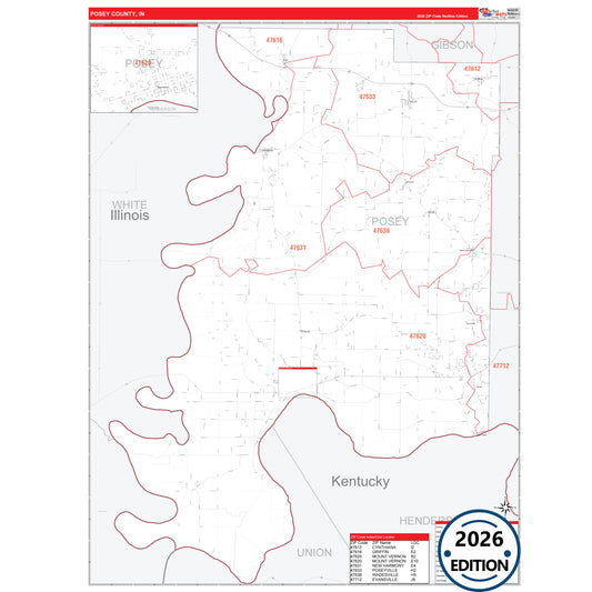 Posey County, IN Red Line 5 Digit ZIP Code Wall Map