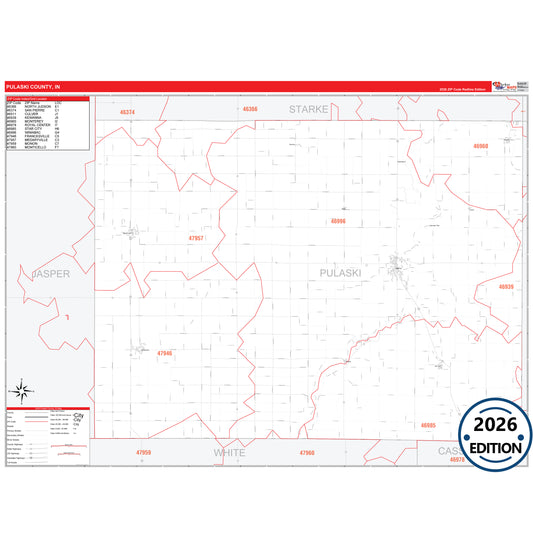 Pulaski County, IN Red Line 5 Digit ZIP Code Wall Map