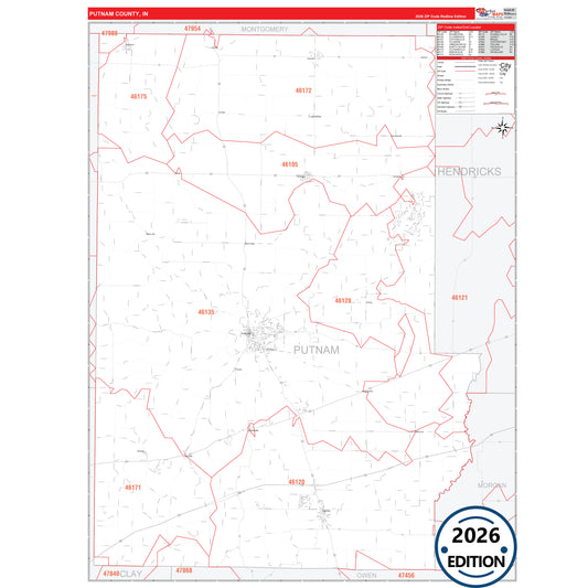 Putnam County, IN Red Line 5 Digit ZIP Code Wall Map