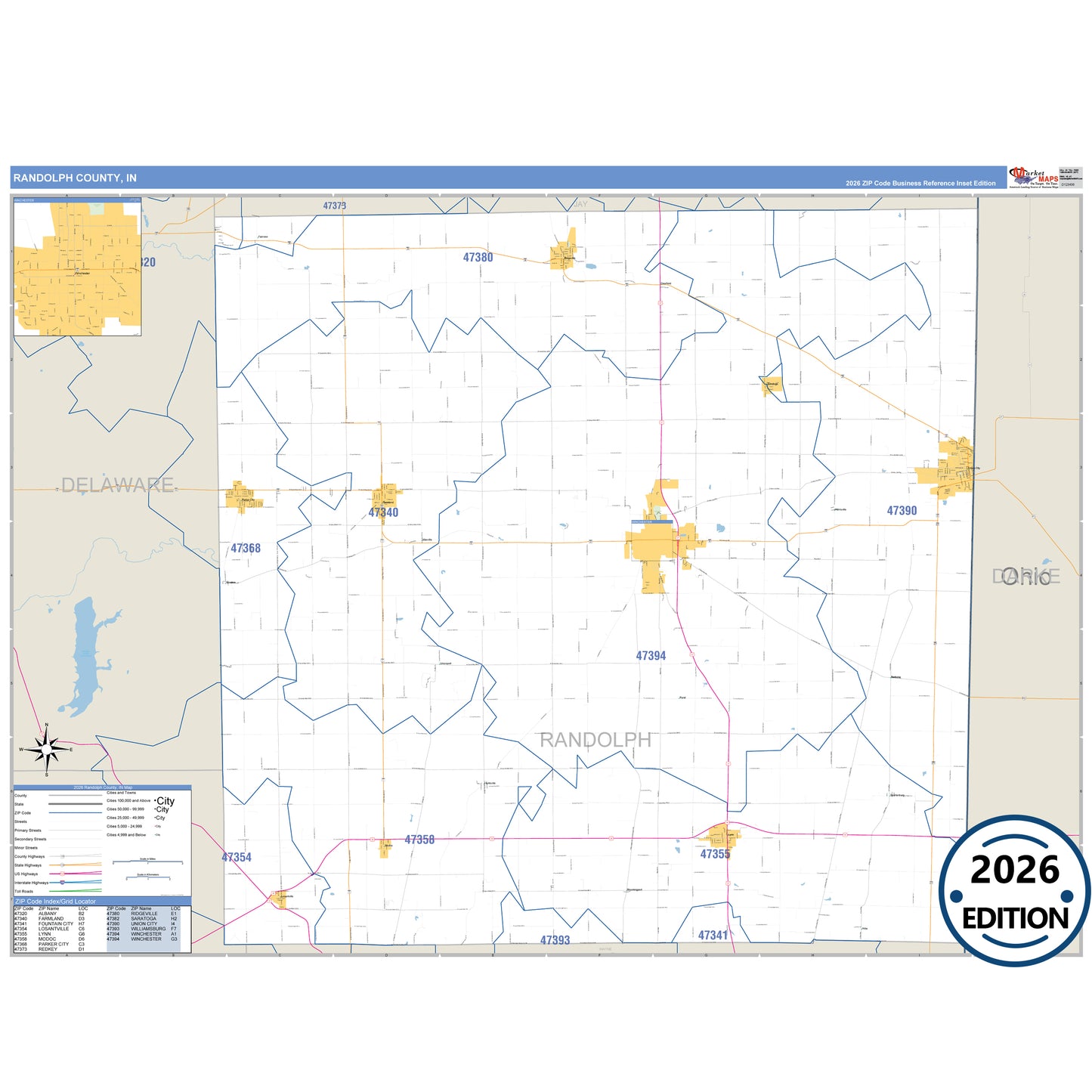Randolph County, IN Business Reference 5 Digit ZIP Code Wall Map