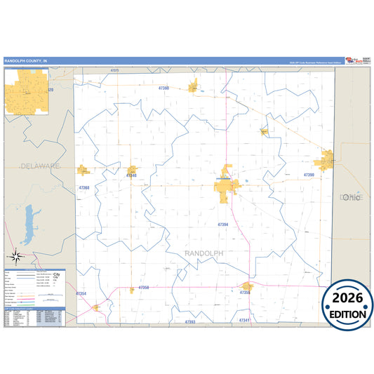 Randolph County, IN Business Reference 5 Digit ZIP Code Wall Map