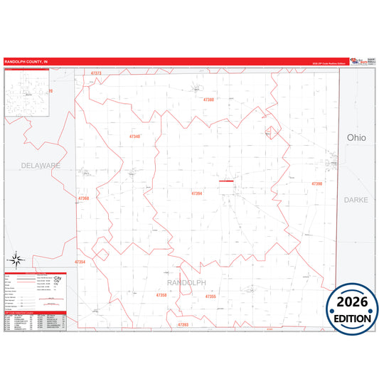 Randolph County, IN Red Line 5 Digit ZIP Code Wall Map