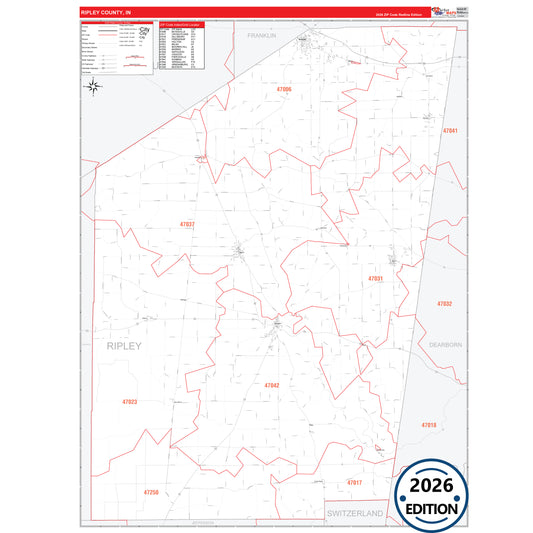 Ripley County, IN Red Line 5 Digit ZIP Code Wall Map