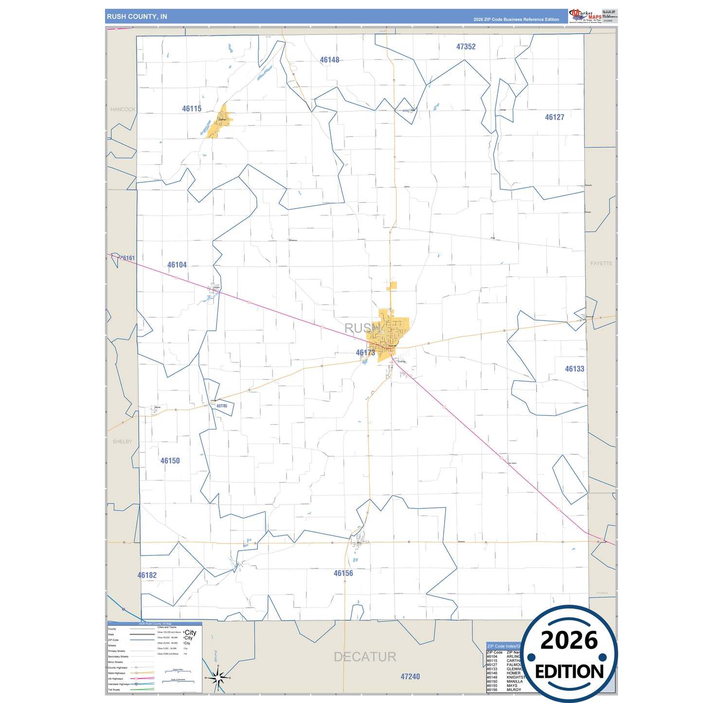 Rush County, IN Business Reference 5 Digit ZIP Code Wall Map