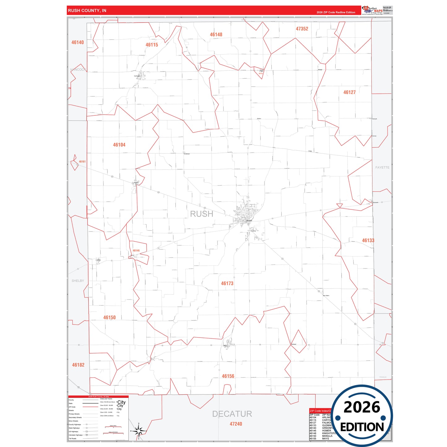 Rush County, IN Red Line 5 Digit ZIP Code Wall Map