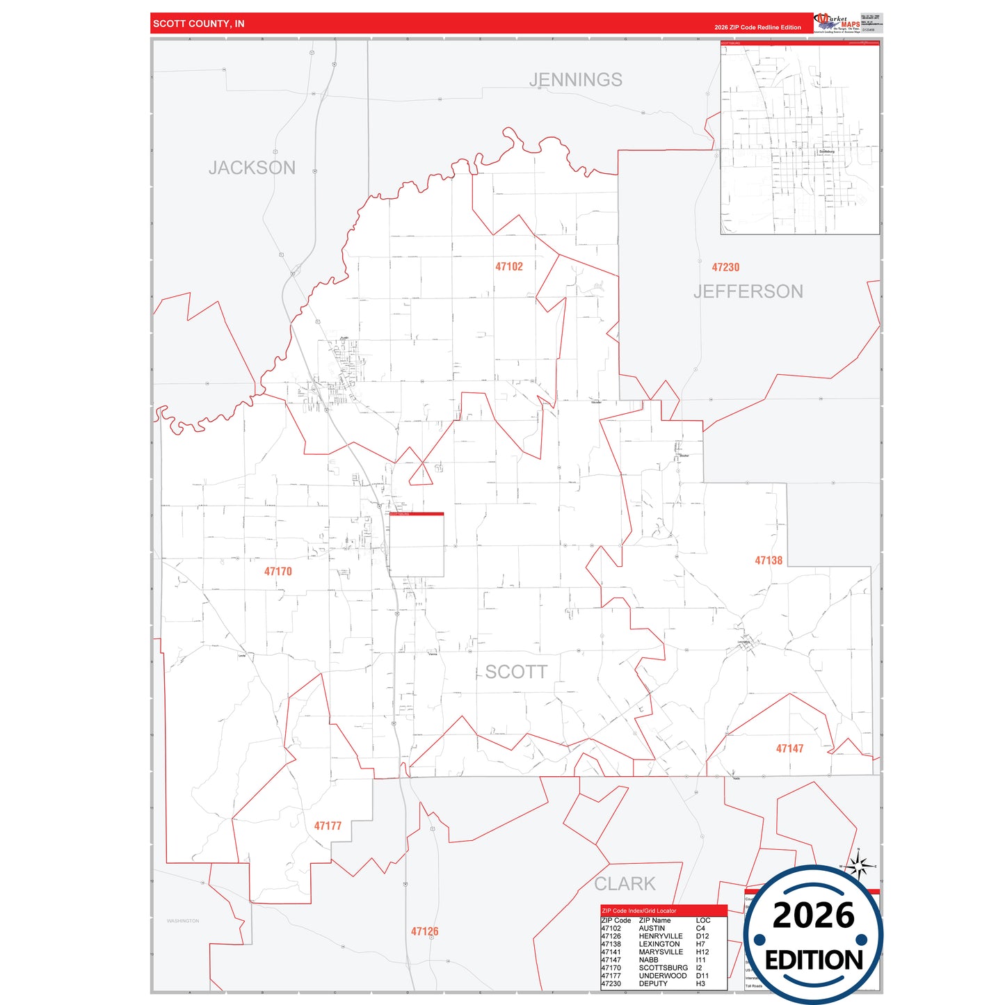Scott County, IN Red Line 5 Digit ZIP Code Wall Map