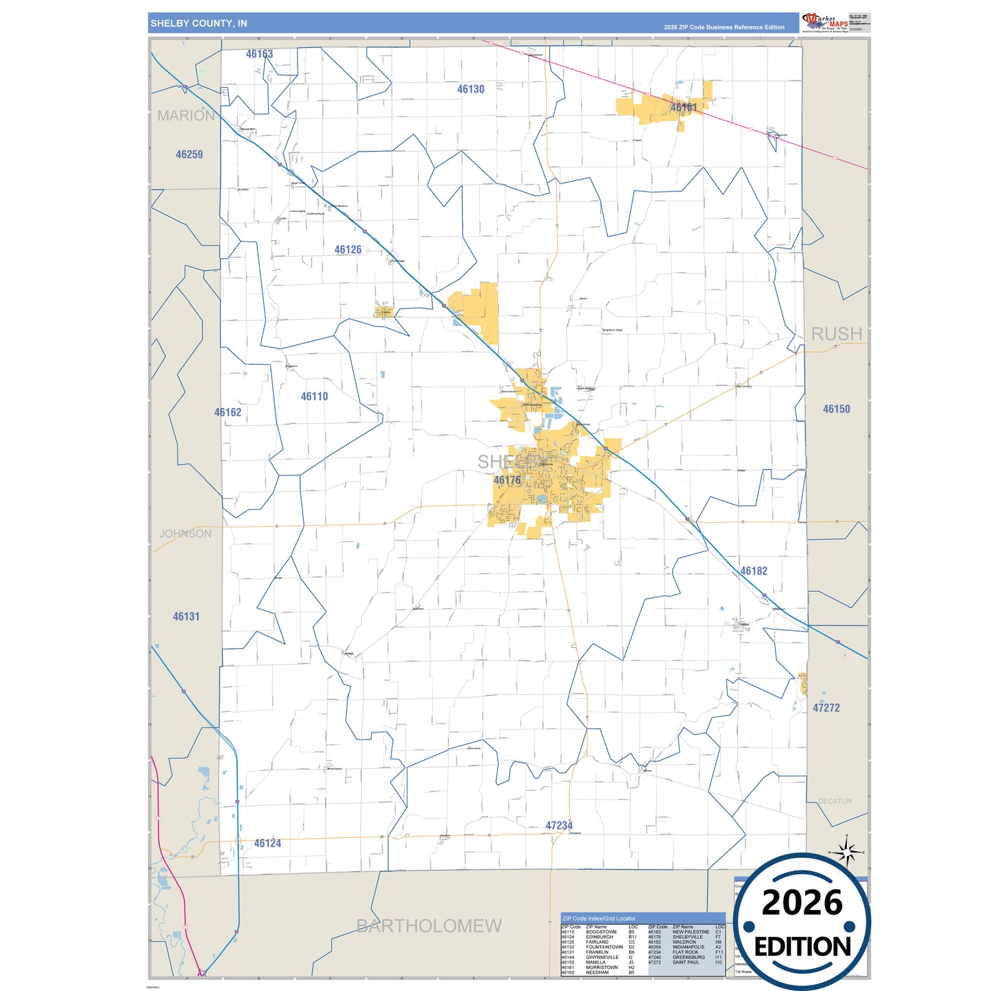 Shelby County, IN Business Reference 5 Digit ZIP Code Wall Map