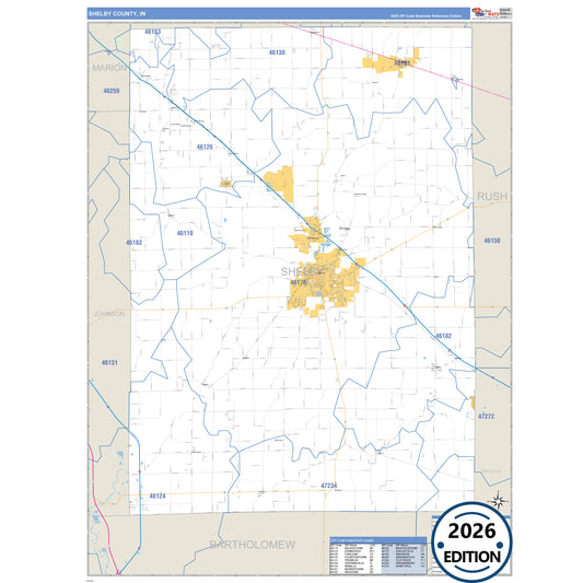 Shelby County, IN Business Reference 5 Digit ZIP Code Wall Map